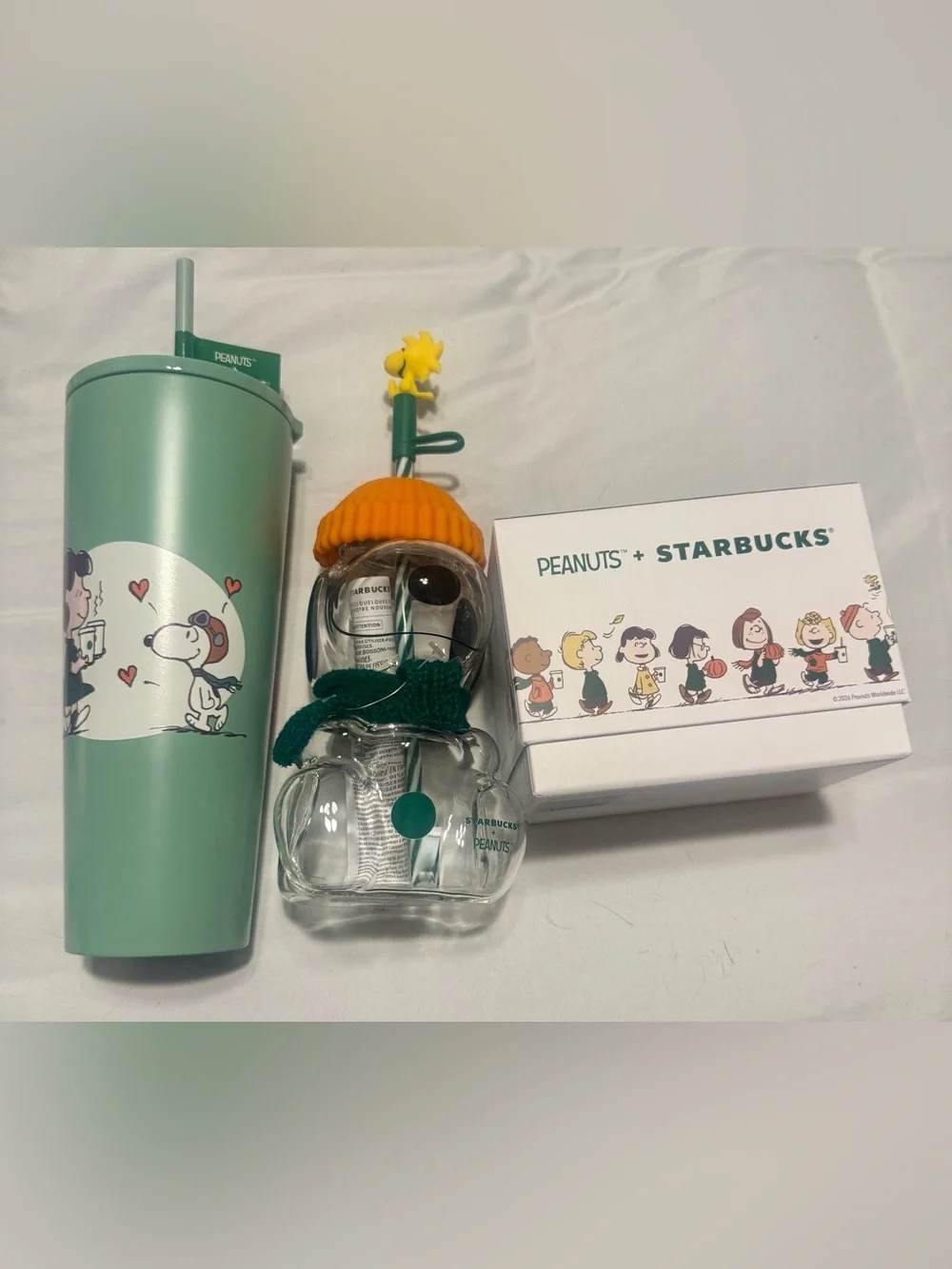 (3) Starbucks, Snoopy glass cold cup, stainless steel cold cup, & ceramic mug.
